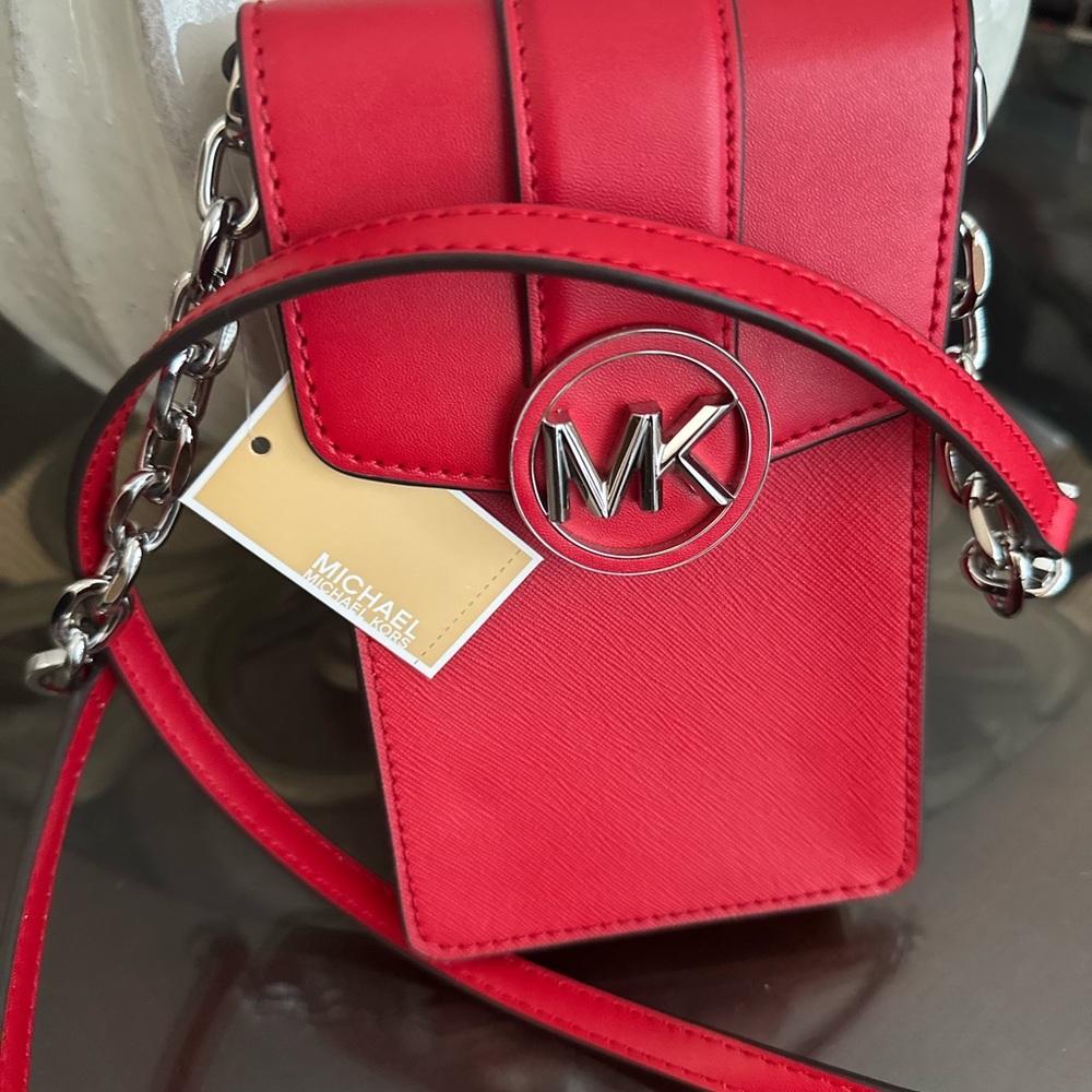 Michael Kors Red Leather MK Circle Logo Crossbody